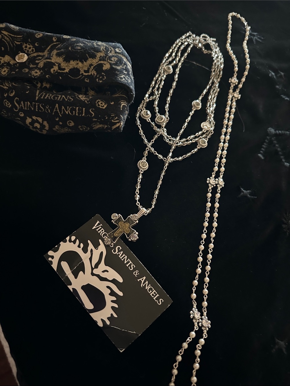 Virgins Saints & Angels Polished Silver Multi-Strand Cross Necklace